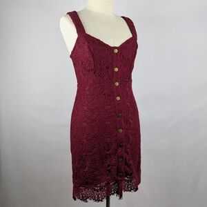 Free People Mini Bodycon Lace Crochet  Sleeveless Sweetheart Neck Wine S NWT